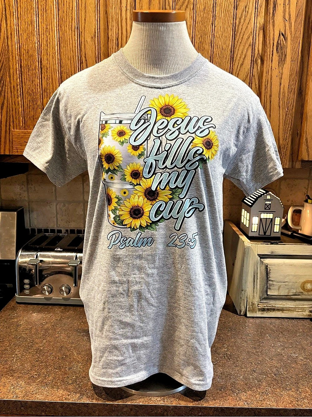 💜Gildan Jesus Fills My Cup Sunflower Graphic Tee Gray Small